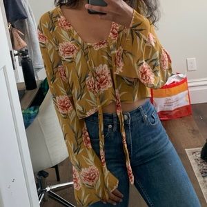 Floral cropped tie front blouse